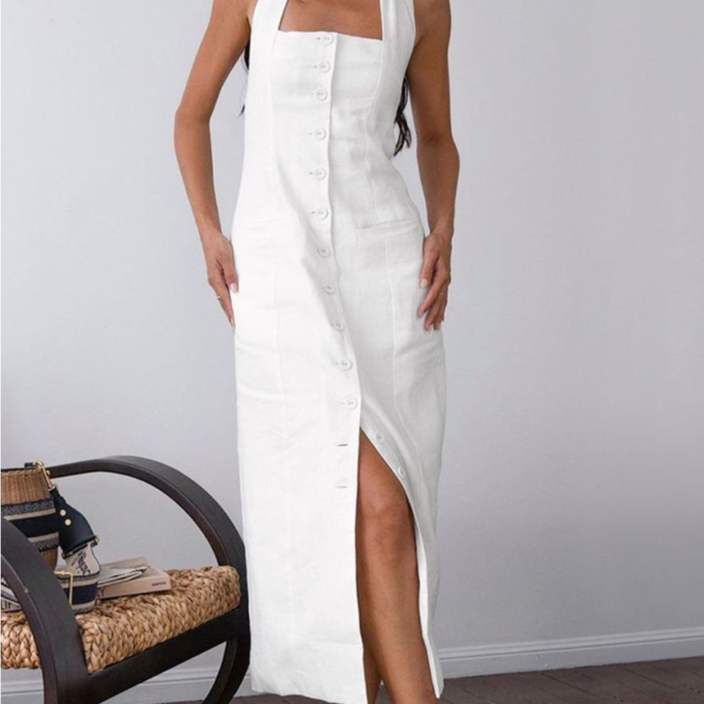 Commense Tied Halter Open Back Cotton Linen Midi Dress